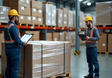 Pallet industriale in preparazione per export in Germania con reggia, film estensibile e controllo documentale in magazzino