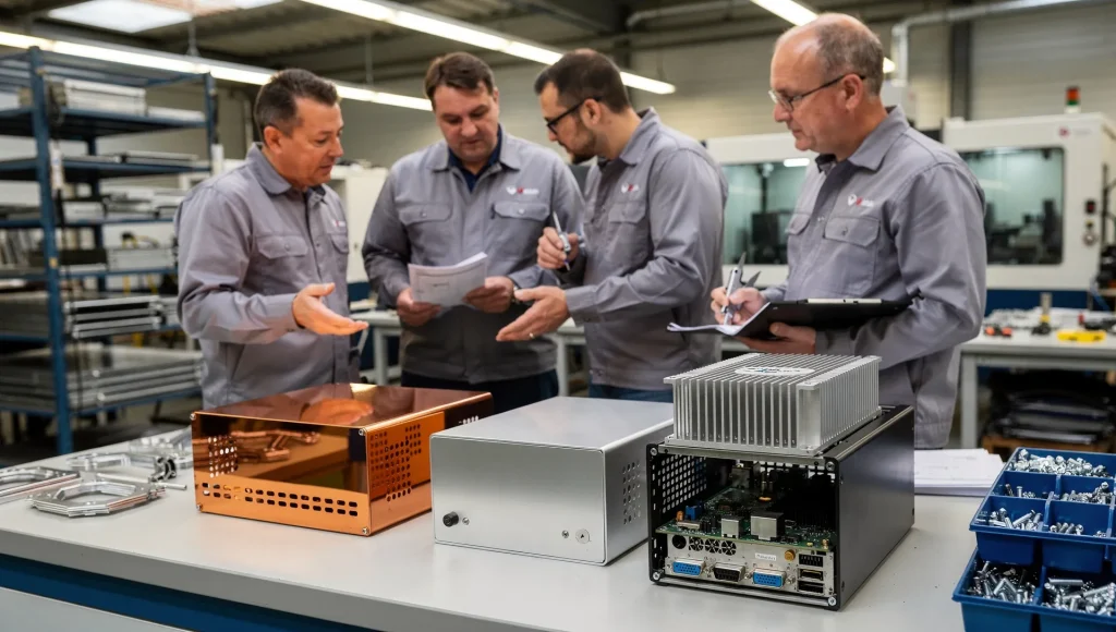 Tecnici in officina confrontano contenitori elettronici in rame, alluminio e acciaio