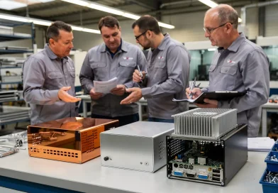 Tecnici in officina confrontano contenitori elettronici in rame, alluminio e acciaio