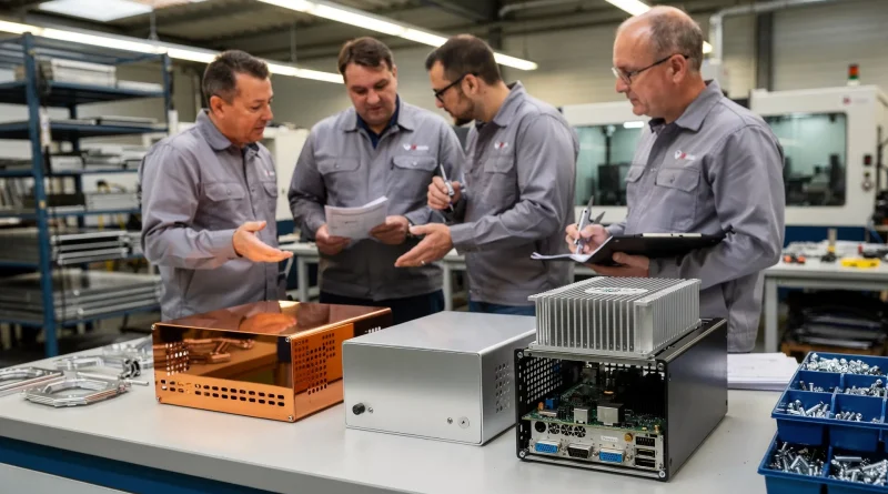 Tecnici in officina confrontano contenitori elettronici in rame, alluminio e acciaio