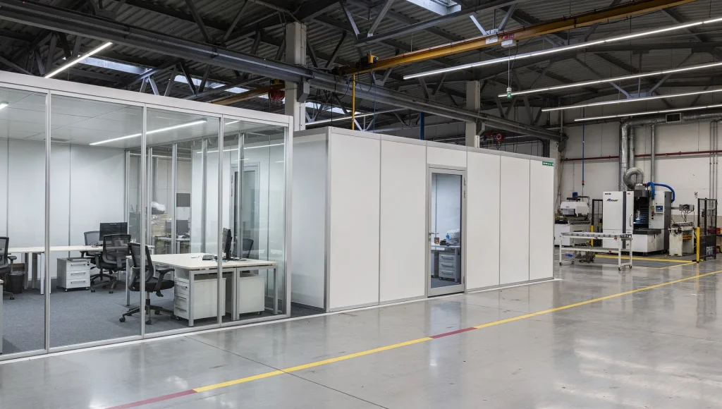 Pareti mobili divisorie e box ufficio all'interno di un capannone industriale vicino all'area produttiva