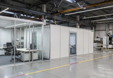 Pareti mobili divisorie e box ufficio all'interno di un capannone industriale vicino all'area produttiva