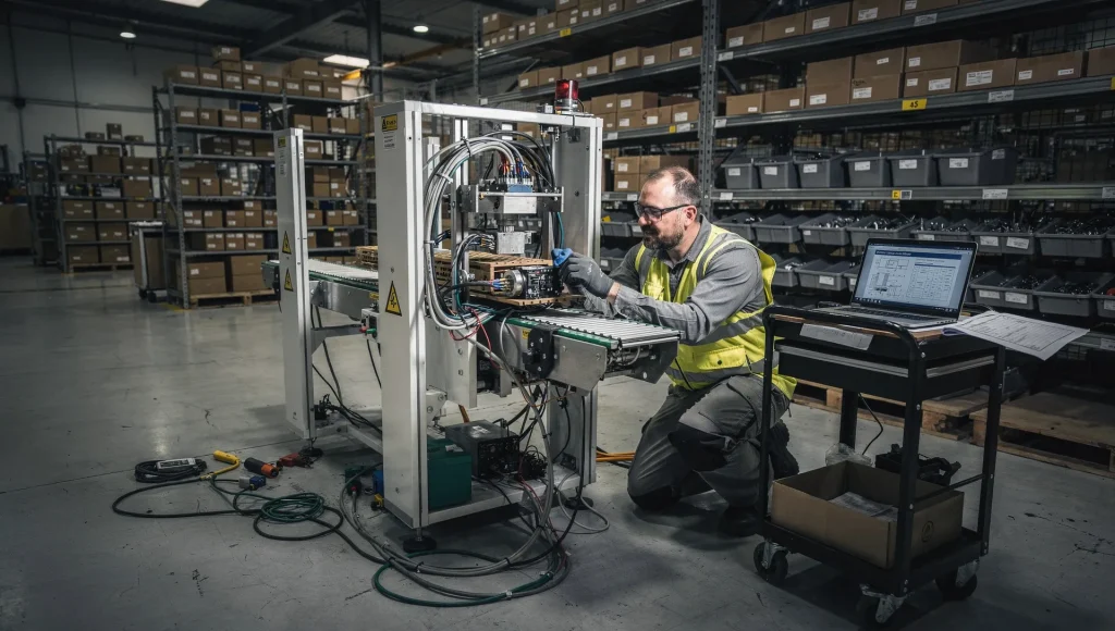 Ricambi fuori rete: il costo nascosto della garanzia negata 1 Tecnico davanti a una linea di packaging ferma mentre controlla un encoder e la documentazione del ricambio